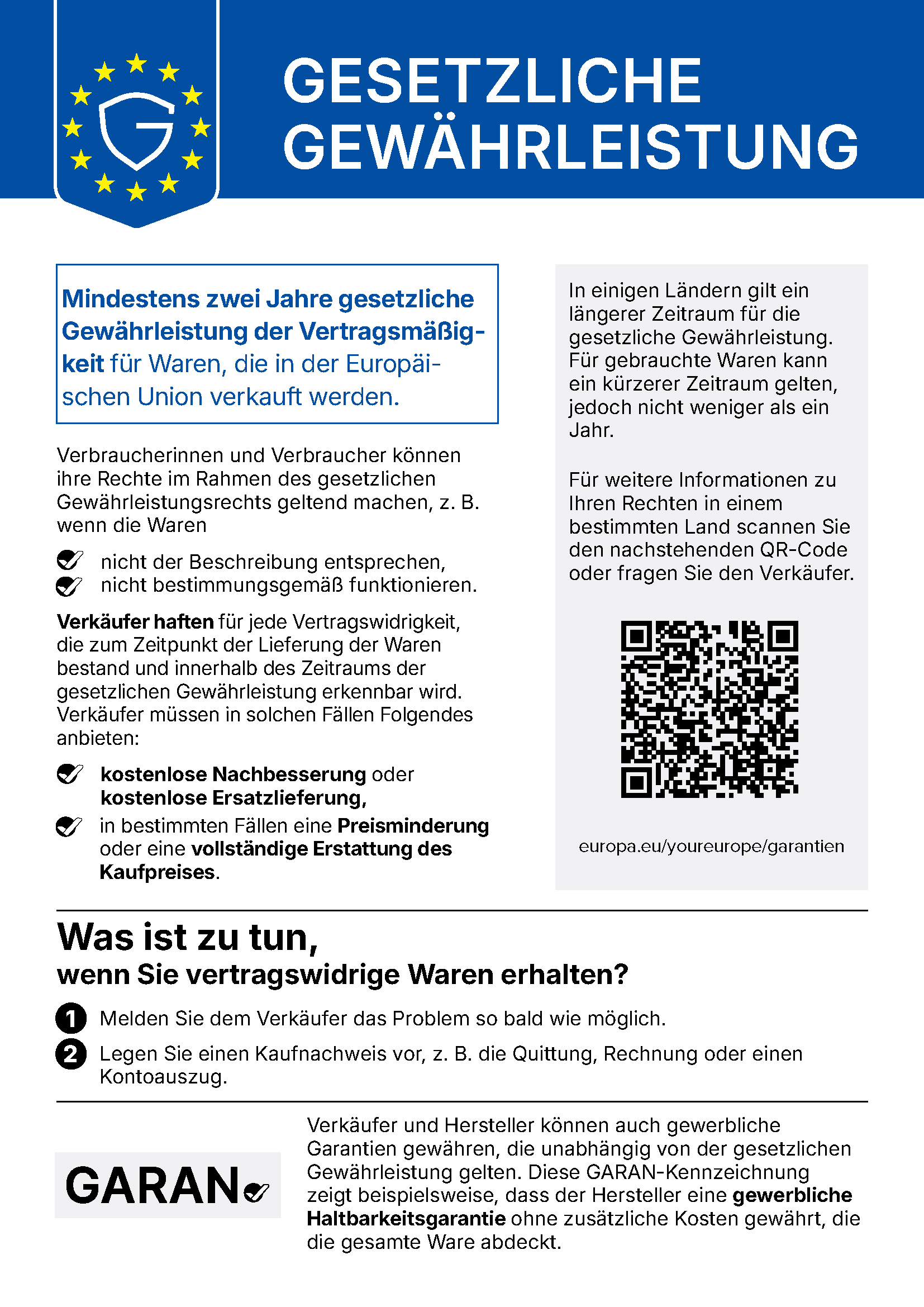 EU-Gewährleistungslabel: Hinweis auf die gesetzliche Gewährleistung